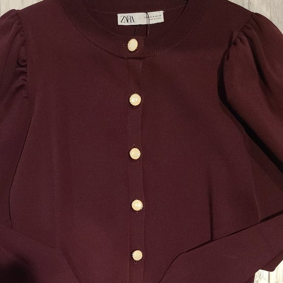 NWOT Zara ribbed puff sleeves cardigan size M burgundy - Picture 3 of 3
